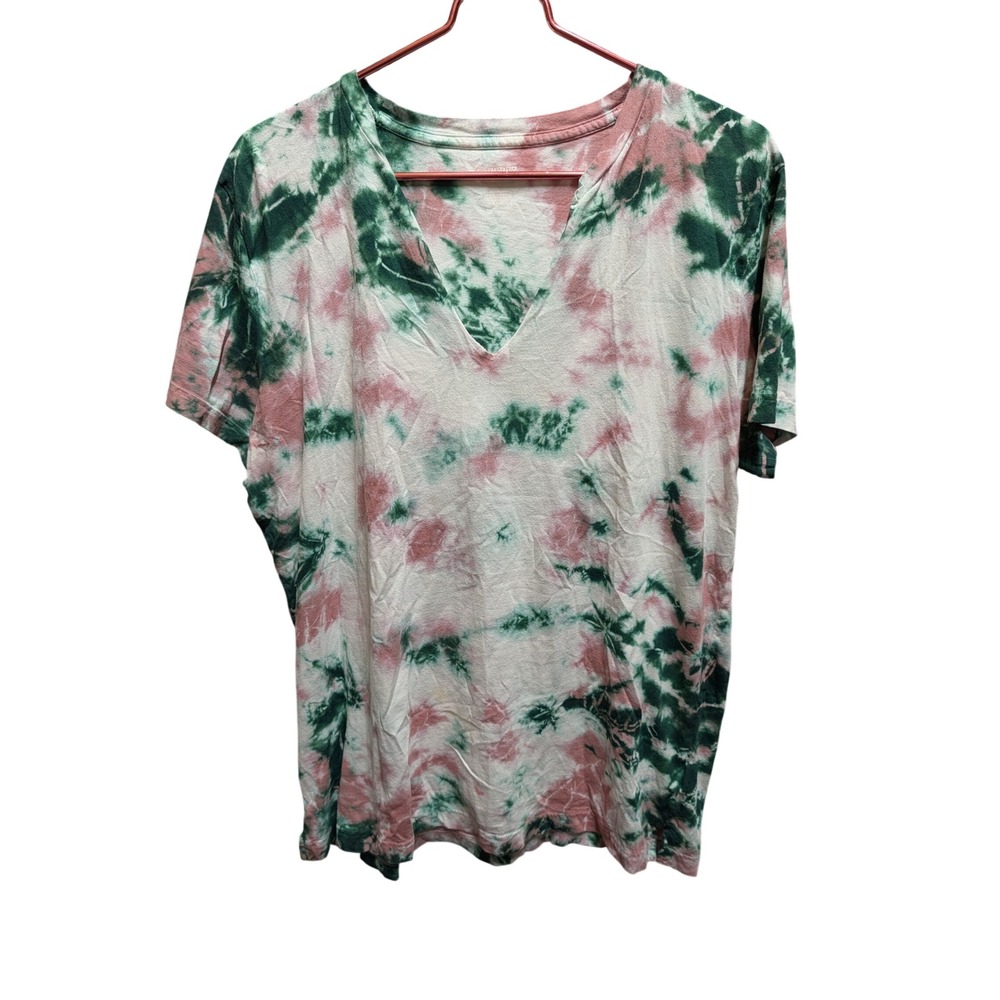 PINK Victoria's Secret Tie Dye Tee Women L Green Pink Excellent V-Neck Relaxed